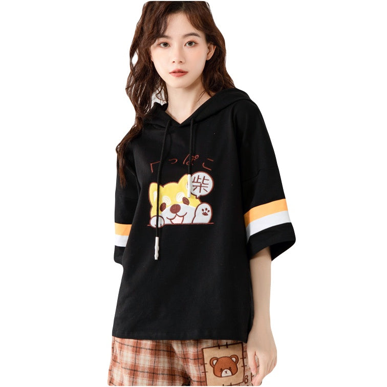 kawaii hoodie t-shirt with cap shiba inu top for girls black